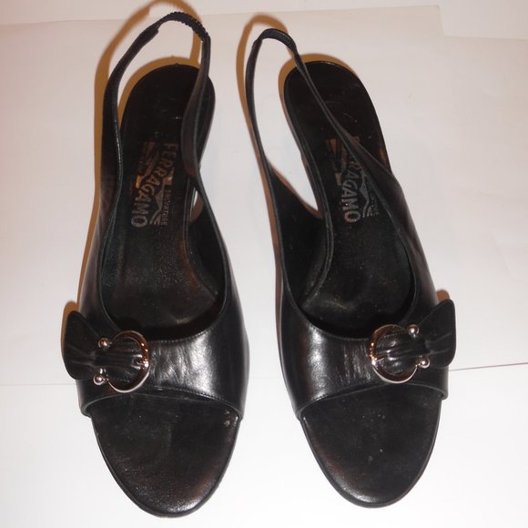 Salvatore Ferragamo Black Leather Kitten Heels Buckle Gancini Sandals Shoes - Picture 7 of 15